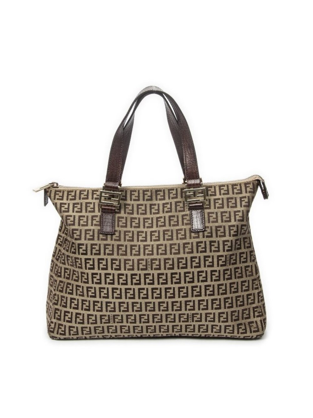 Fendi Square Zip Tote Bag Khaki Dark Brown Zucchino Canvas